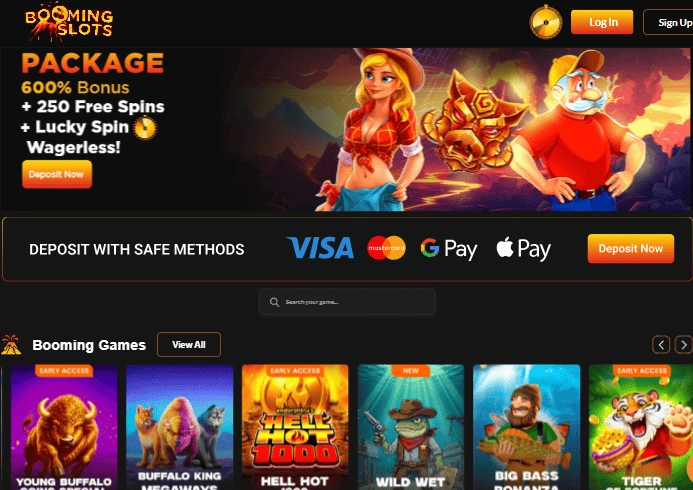 BoomingSlots casino lobby interface