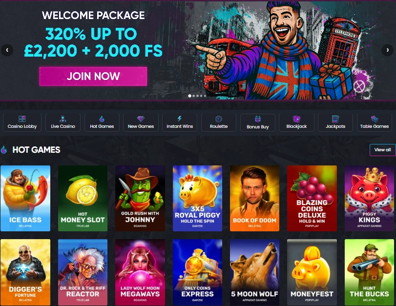 Britsino casino lobby interface