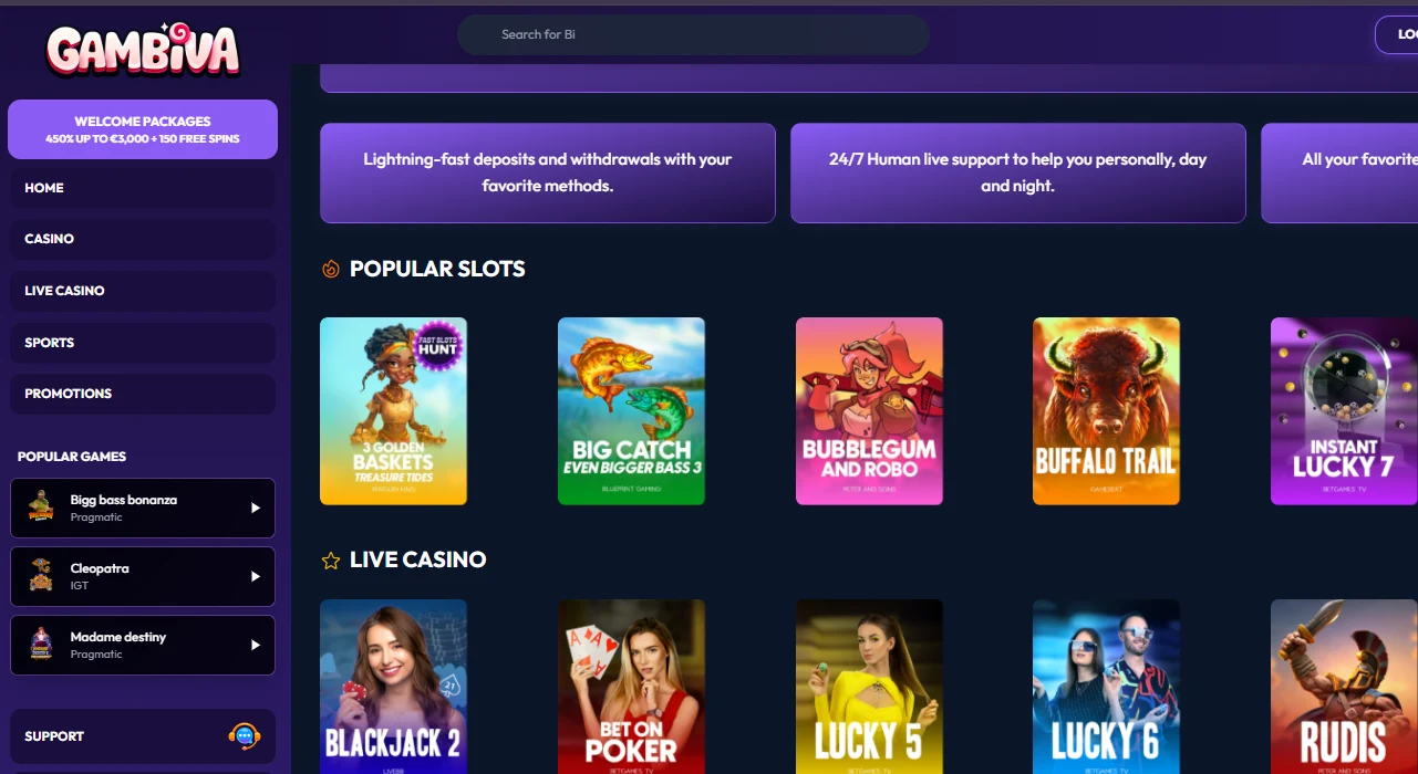 Gambiva casino lobby interface